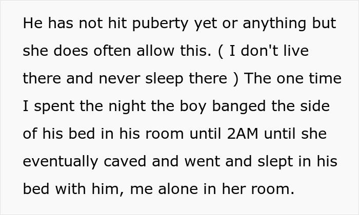 Text discussing a man questioning future with girlfriend after her 11-year-old son monitors bedroom and demands open door.