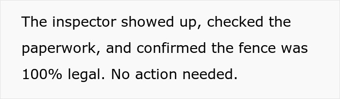Inspector reviewing paperwork and confirming the neighbor’s fence is legal and still standing after sabotage attempt backfires.