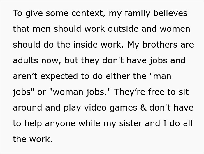 Woman boycotts doing chores in sexist household until her brothers help with cleaning and housework responsibilities.