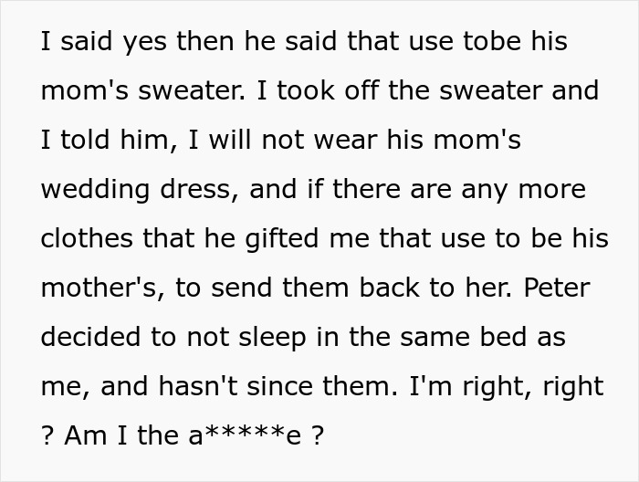 Text excerpt discussing a woman refusing to wear fiancé's mom's used wedding dress and returning gifted clothes. Text excerpt discussing a woman refusing to wear fiancé's mom's used wedding dress and returning gifted clothes.