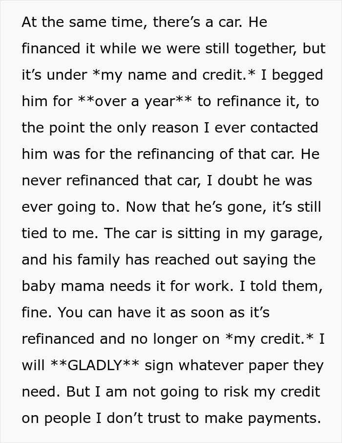 Woman refuses to give up life insurance policy and demands car be refinanced off her credit first. Woman refuses to give up life insurance policy and demands car be refinanced off her credit first.