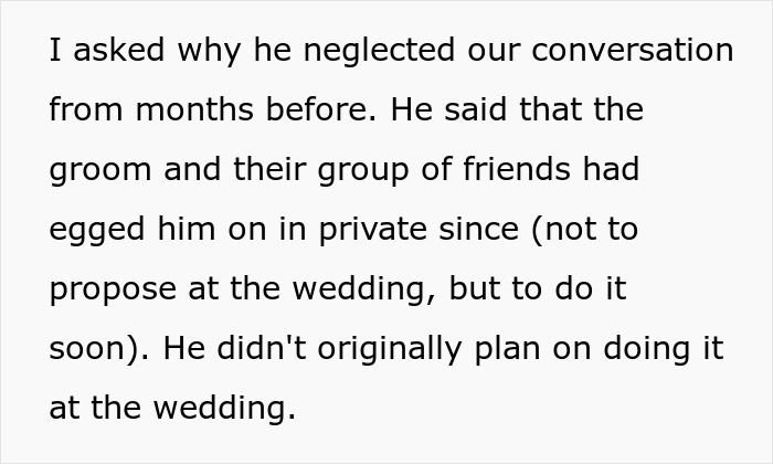 Text excerpt discussing a boyfriend who planned a proposal, influenced by friends, related to stopping a proposal at a wedding. Text excerpt discussing a boyfriend who planned a proposal, influenced by friends, related to stopping a proposal at a wedding.