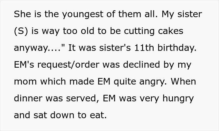 Girl’s 11th birthday celebration disrupted as visiting relatives demand cake, gifts, and full attention, causing tension.