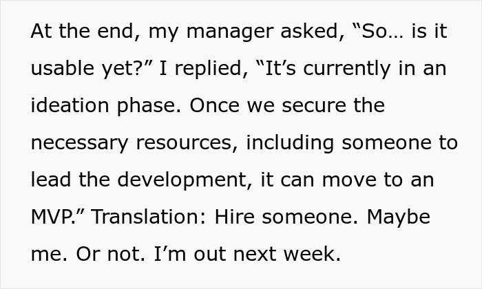 Text showing a worker explaining the project is in ideation phase, hinting at starting a new project despite being fired. Text showing a worker explaining the project is in ideation phase, hinting at starting a new project despite being fired.