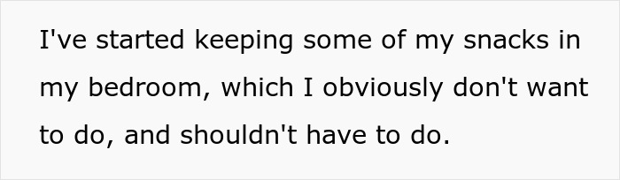 Text from a middle-aged woman with a shopping habit explaining she hides snacks in her bedroom to avoid theft by roommate.