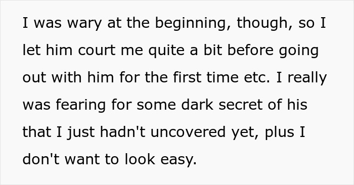 Text excerpt showing a woman’s cautious thoughts about dating before her husband leaves her after being hit on for the first time. Text excerpt showing a woman’s cautious thoughts about dating before her husband leaves her after being hit on for the first time.