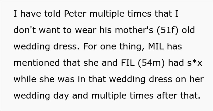 Text excerpt about a woman refusing to wear fiancé’s mom’s used wedding dress due to uncomfortable family history. Text excerpt about a woman refusing to wear fiancé’s mom’s used wedding dress due to uncomfortable family history.