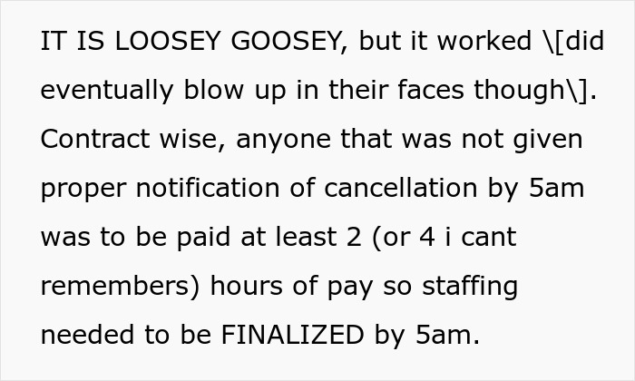Text excerpt discussing payment policy and staffing rules at medical facility after new policy causes issues. Text excerpt discussing payment policy and staffing rules at medical facility after new policy causes issues.