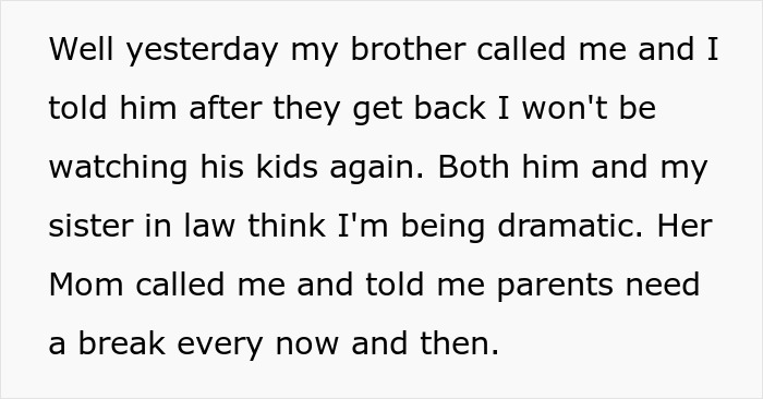Text excerpt discussing aunt’s experience unexpectedly babysitting SIL’s kids for an extended period. Text excerpt discussing aunt’s experience unexpectedly babysitting SIL’s kids for an extended period.