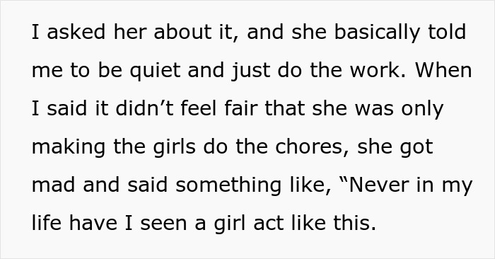 Text about a woman boycotting chores at sexist parents' house until her brothers help clean, discussing unfair gender roles.