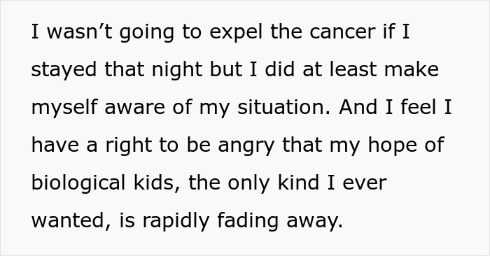 Text excerpt about a man facing anger and loss of hope for biological kids after wife’s cancer diagnosis. Text excerpt about a man facing anger and loss of hope for biological kids after wife’s cancer diagnosis.
