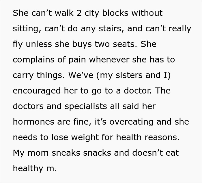 Excerpt of a woman explaining her obese mom’s health struggles and why she won’t babysit her newborn. Excerpt of a woman explaining her obese mom’s health struggles and why she won’t babysit her newborn.
