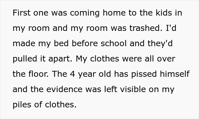 Teen’s room trashed and clothes ruined as mom’s new boyfriend’s kids wreck the space and cause damage. Teen’s room trashed and clothes ruined as mom’s new boyfriend’s kids wreck the space and cause damage.