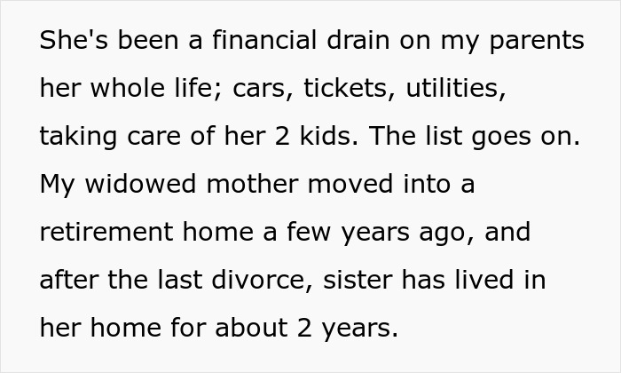 Text excerpt discussing a neglectful mom causing financial strain while sister calls authorities over kids covered in filth.
