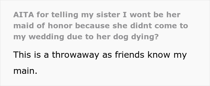 Text post about maid of honor missing sister’s wedding after losing dog, discussing wedding and family conflict. Text post about maid of honor missing sister’s wedding after losing dog, discussing wedding and family conflict.