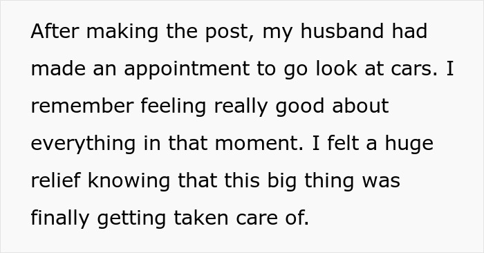 Text about husband making appointment to look at cars, linked to woman selling everything for cross-country move. Text about husband making appointment to look at cars, linked to woman selling everything for cross-country move.