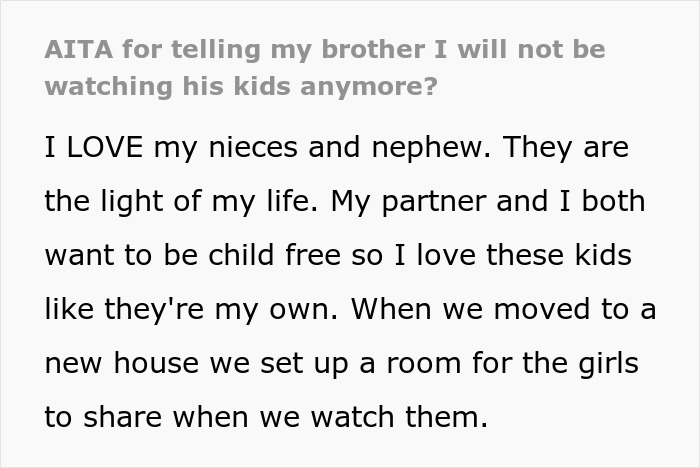 Text excerpt about aunt agreeing to watch SIL's kids, describing love for nieces and nephews and set up for babysitting. Text excerpt about aunt agreeing to watch SIL's kids, describing love for nieces and nephews and set up for babysitting.