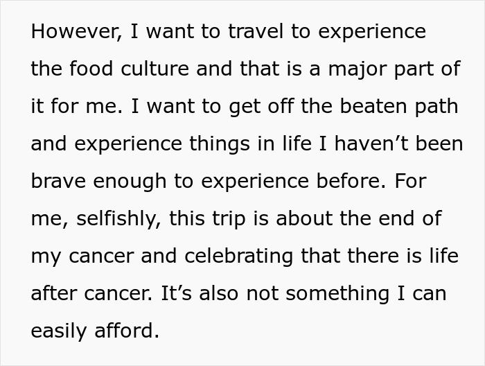 Text excerpt about a man planning a life-changing trip after cancer, emphasizing travel and celebration of life post-cancer.