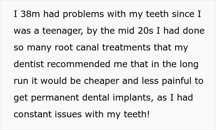 Text about a man with teeth problems who got permanent dental implants after years of root canals and trust issues with his girlfriend.