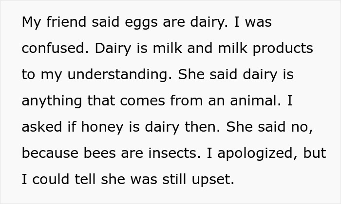 Text discussing confusion over whether eggs are dairy, involving dairy-free cake and differing definitions of dairy products. Text discussing confusion over whether eggs are dairy, involving dairy-free cake and differing definitions of dairy products.