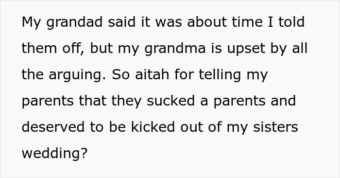 Text about a couple going ballistic and being kicked out after daughter refuses to invite bully bro to wedding. Text about a couple going ballistic and being kicked out after daughter refuses to invite bully bro to wedding.