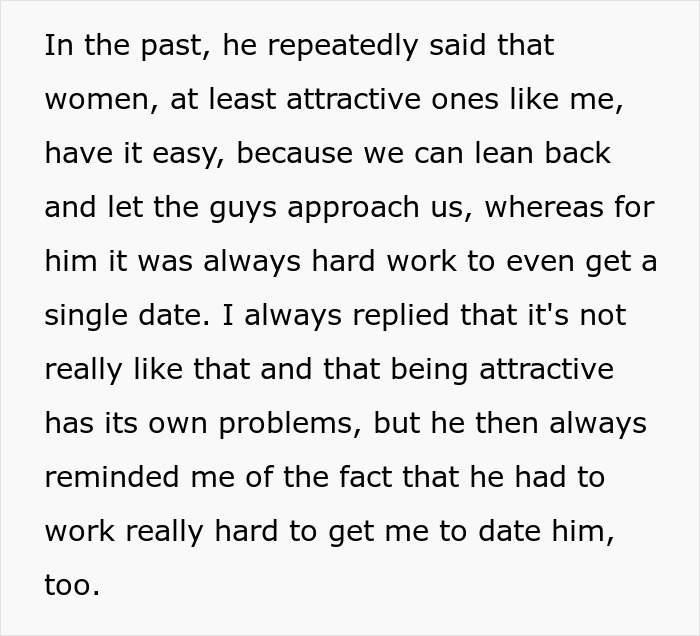 Text excerpt about a woman discussing her husband's perspective on dating and attraction struggles. Text excerpt about a woman discussing her husband's perspective on dating and attraction struggles.