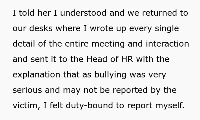 Text excerpt about employee documenting bullying claims and reporting to HR to handle workplace bullying situation. Text excerpt about employee documenting bullying claims and reporting to HR to handle workplace bullying situation.
