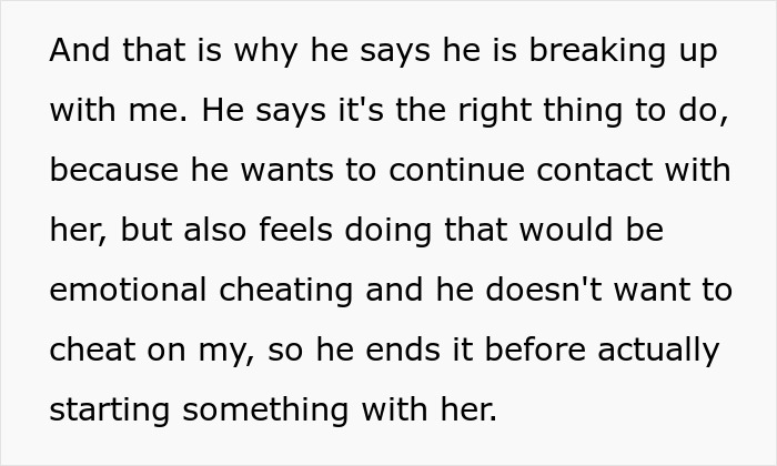 Text excerpt explaining a husband's decision to break up to avoid emotional cheating after being hit on for the first time. Text excerpt explaining a husband's decision to break up to avoid emotional cheating after being hit on for the first time.