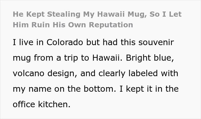 Text excerpt about a man’s Hawaii mug stolen repeatedly by coworker and serving cat-food-flavored coffee in return.