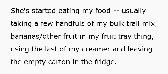 Middle-aged woman with a shopping habit repeatedly stealing roommate’s food, causing tension and frustration at home.