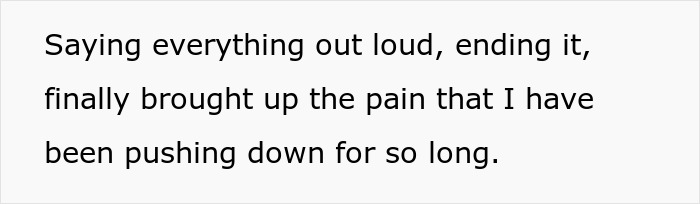 Text excerpt describing emotional pain being released after holding it in for a long time, highlighting emotional distress. Text excerpt describing emotional pain being released after holding it in for a long time, highlighting emotional distress.