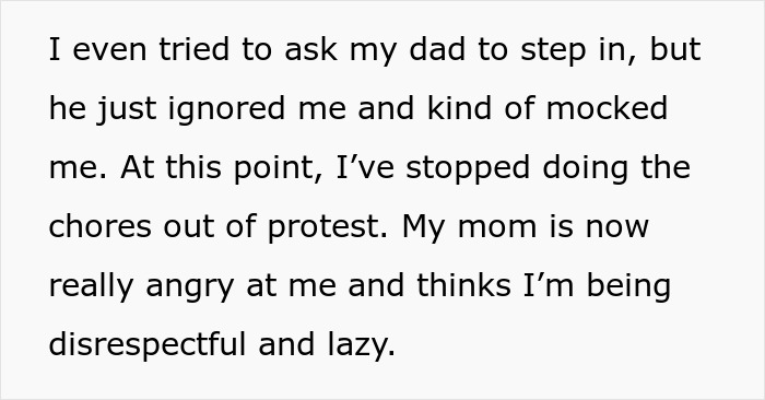 Text showing a woman boycotting chores at sexist parents' house until her brothers help clean in protest against unfair gender roles.