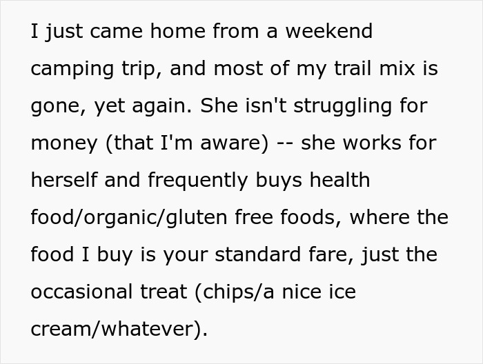 Text excerpt showing a middle-aged woman with a shopping habit stealing roommate’s food, causing frustration.