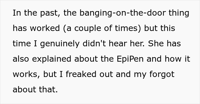 Text excerpt discussing an allergic reaction and confusion about using an EpiPen in a medical bills dispute. Text excerpt discussing an allergic reaction and confusion about using an EpiPen in a medical bills dispute.