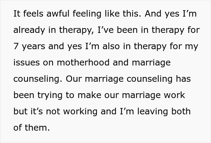 Alt text: Woman in therapy for motherhood and marriage, feeling tired of cheating husband and deciding to run away from it all. Alt text: Woman in therapy for motherhood and marriage, feeling tired of cheating husband and deciding to run away from it all.