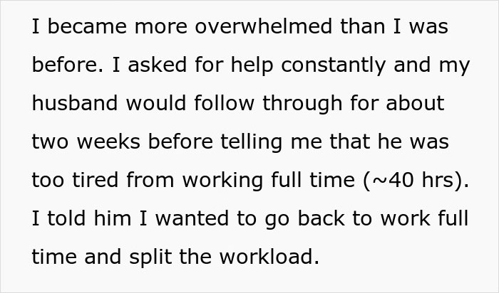 Text excerpt about feeling overwhelmed after asking husband for help with child, highlighting refusal to share workload. Text excerpt about feeling overwhelmed after asking husband for help with child, highlighting refusal to share workload.