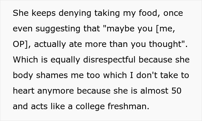 Middle-aged woman with a shopping habit denies stealing roommate’s food while causing tension over disrespect and body shaming.