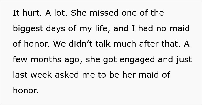 Text excerpt about maid of honor missing sister’s wedding and being asked to be maid of honor again after engagement. Text excerpt about maid of honor missing sister’s wedding and being asked to be maid of honor again after engagement.