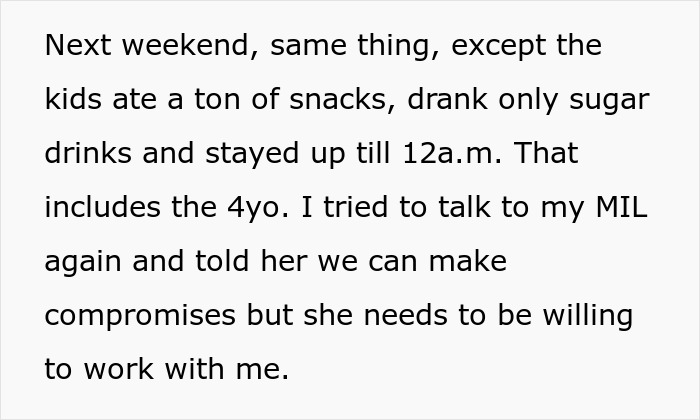 Text excerpt about mom refusing to leave kids with MIL after she keeps feeding them fast food and snacks. Text excerpt about mom refusing to leave kids with MIL after she keeps feeding them fast food and snacks.