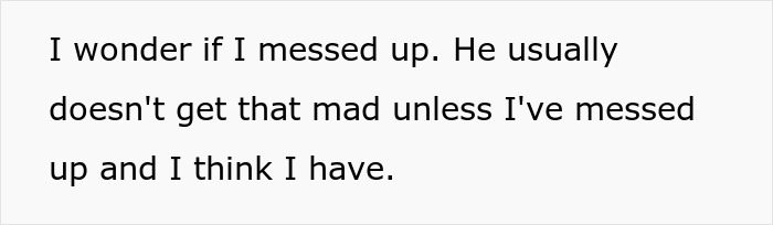 Text showing concern about messing up and someone getting mad, related to husband guarding olives and wife’s cleaning meltdown. Text showing concern about messing up and someone getting mad, related to husband guarding olives and wife’s cleaning meltdown.