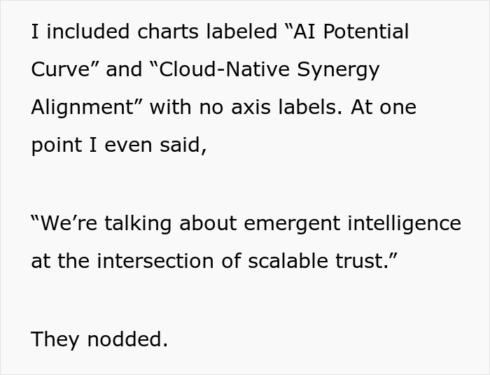 Text excerpt showing a worker being told to start a new project despite being fired, agreeing without intent to do it. Text excerpt showing a worker being told to start a new project despite being fired, agreeing without intent to do it.