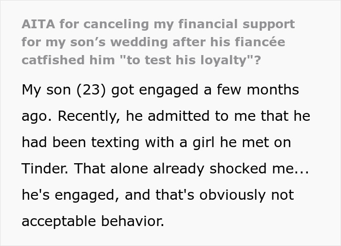 Excerpt from a story about wedding drama after groom fails fiancée loyalty test and parents withdraw financial support. Excerpt from a story about wedding drama after groom fails fiancée loyalty test and parents withdraw financial support.
