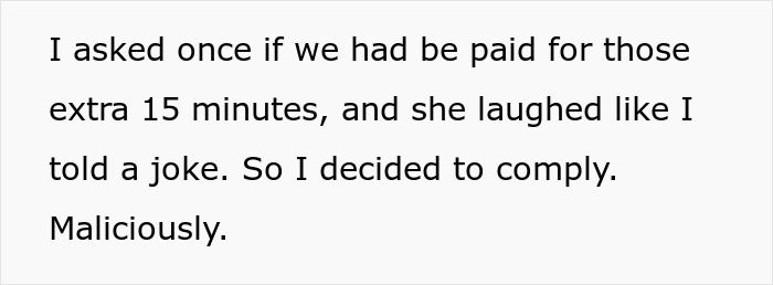 Text on white background explaining employee's clever workaround with boss obsessed with punctuality shaming workers for being on time. Text on white background explaining employee's clever workaround with boss obsessed with punctuality shaming workers for being on time.