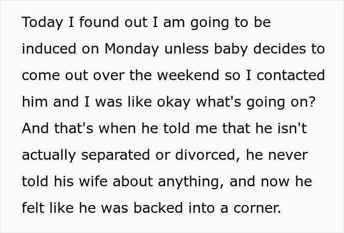 Text message describing a woman learning about boyfriend’s secret wife days before giving birth to his child. Text message describing a woman learning about boyfriend’s secret wife days before giving birth to his child.