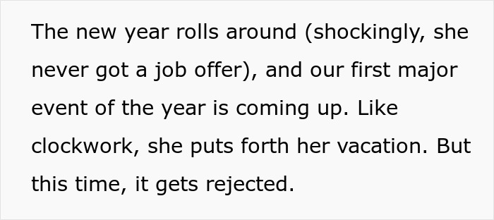 Text excerpt discussing a lazy employee whose vacation request is rejected by a new boss expecting actual work. Text excerpt discussing a lazy employee whose vacation request is rejected by a new boss expecting actual work.
