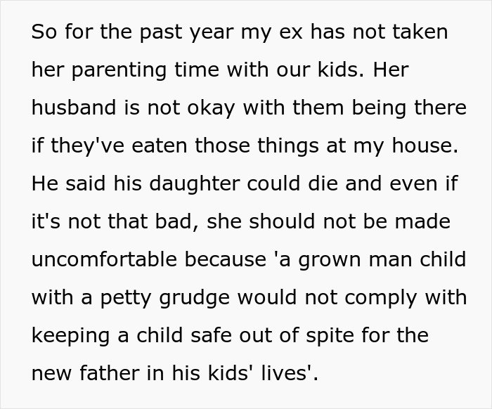 Text discussing a dad refusing to change kids’ diet despite ex’s new husband’s concerns for their safety. Text discussing a dad refusing to change kids’ diet despite ex’s new husband’s concerns for their safety.