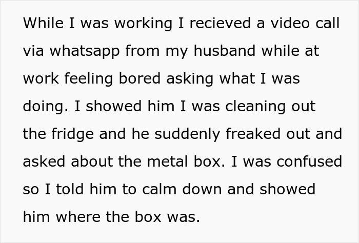 Screenshot of a WhatsApp video call message about a husband guarding a box of olives while the wife cleans out the fridge. Screenshot of a WhatsApp video call message about a husband guarding a box of olives while the wife cleans out the fridge.