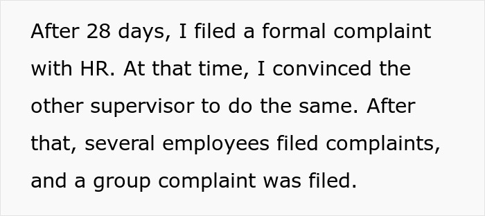 Text excerpt showing an employee describing filing formal HR complaints about a hostile workplace manager.