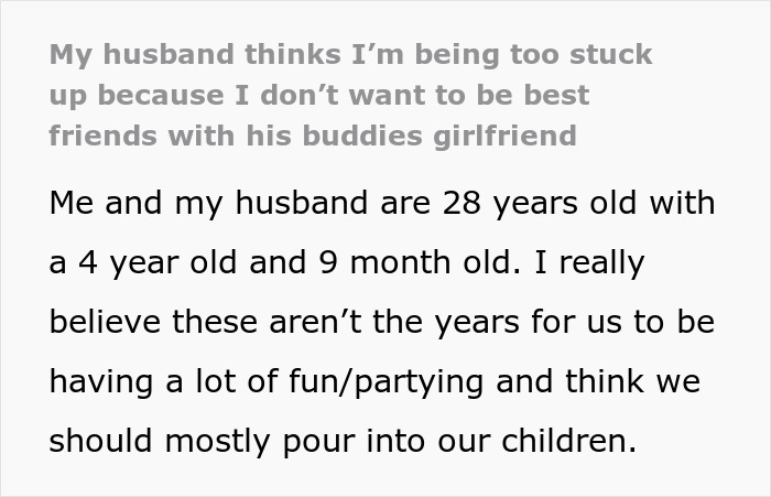 Text post about a 28YO wanting to hang out with his 21YO work buddy and involving his wife and girlfriend. Text post about a 28YO wanting to hang out with his 21YO work buddy and involving his wife and girlfriend.