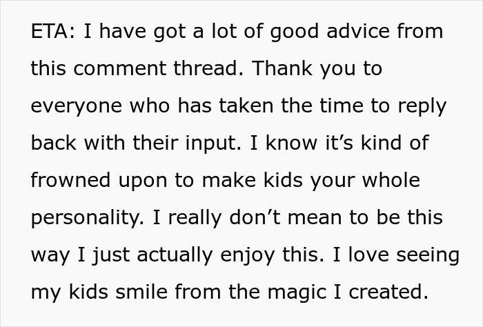 Text excerpt about getting advice from a comment thread, focused on enjoying time with kids and family bonding. Text excerpt about getting advice from a comment thread, focused on enjoying time with kids and family bonding.